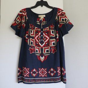 Michael Kors Flutter Ruffle Sleeve 100% Silk Top Blouse Blue Indigo Wash L Shirt